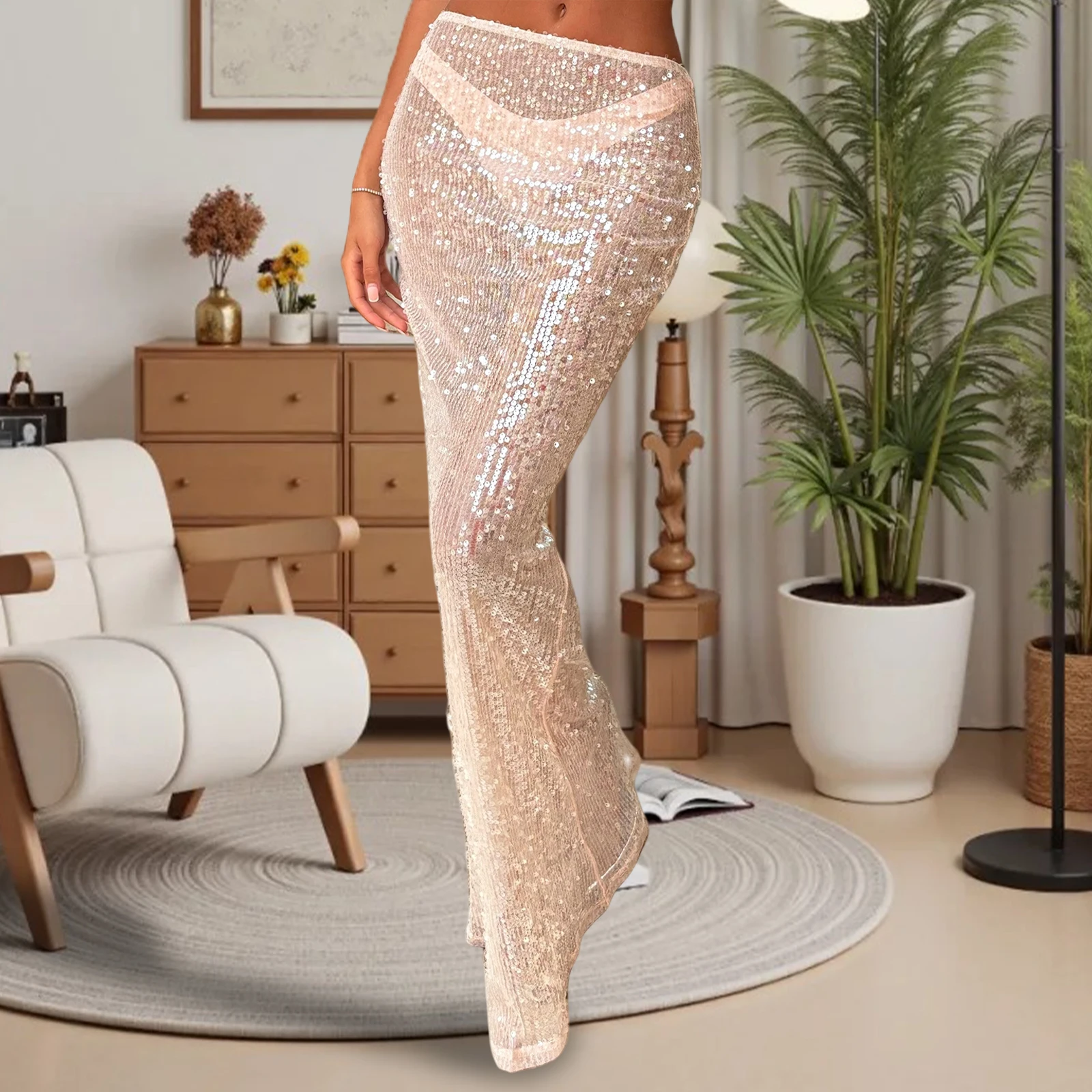Damskie letnie spódnice maxi y2k Coquette Sexy z cekinami, przezroczyste, błyszczące, z elastyczną talią, długie, obcisłe spódnice na imprezę, do klubu.