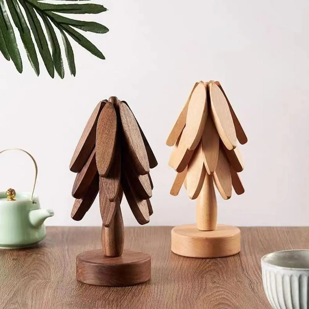 Christmas Tree Coaster with Base 3 Layers Tree Shape Wooden Trivet Placemats Heat Resistant Pot Pan Coffee Tea Cup Holder