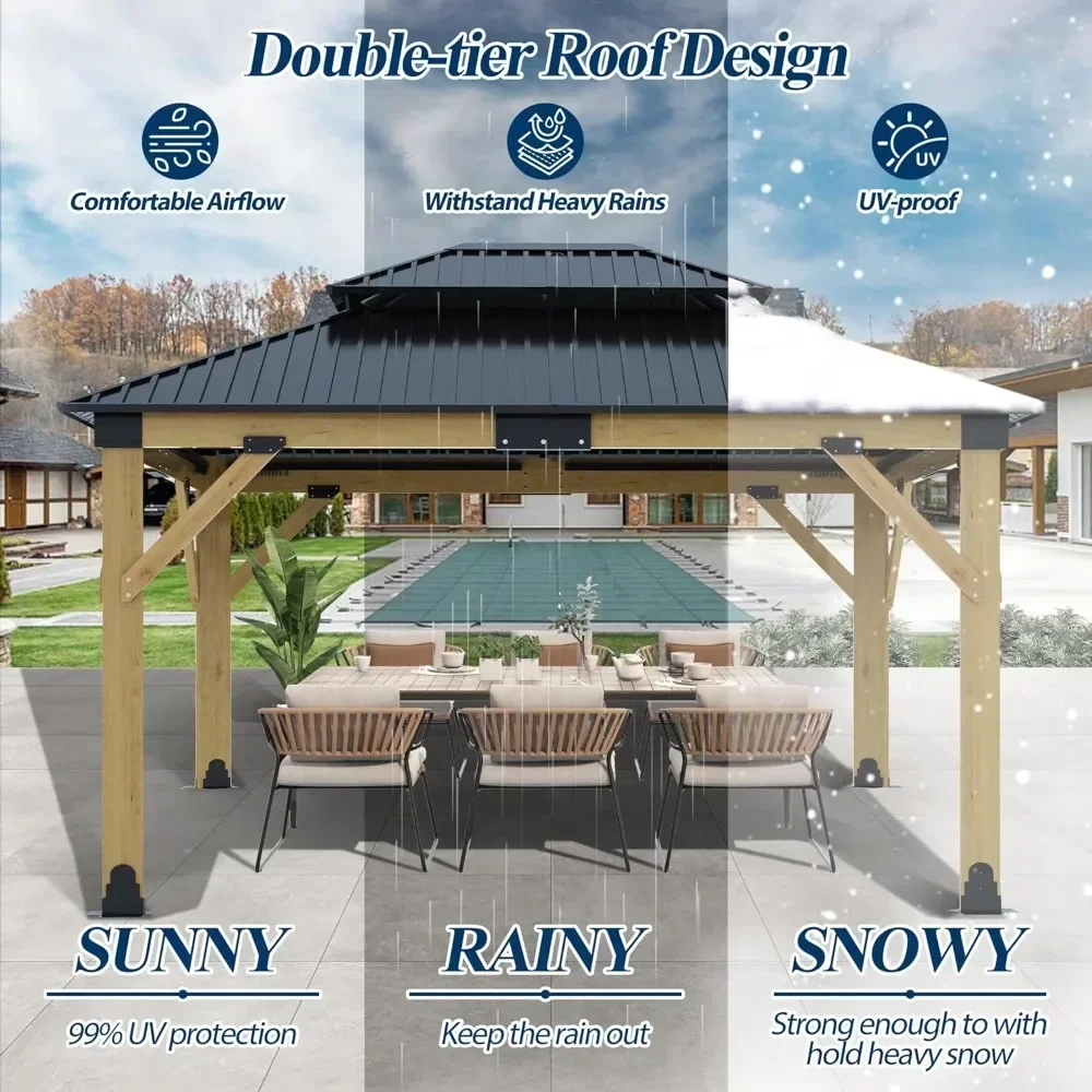 

Heavy-Duty Hardtop Gazebo, 11FT x 13FT Outdoor Cedar Wooden Gazebo - Patio Wood Frame Gazebo with Galvanized Steel Hardtop