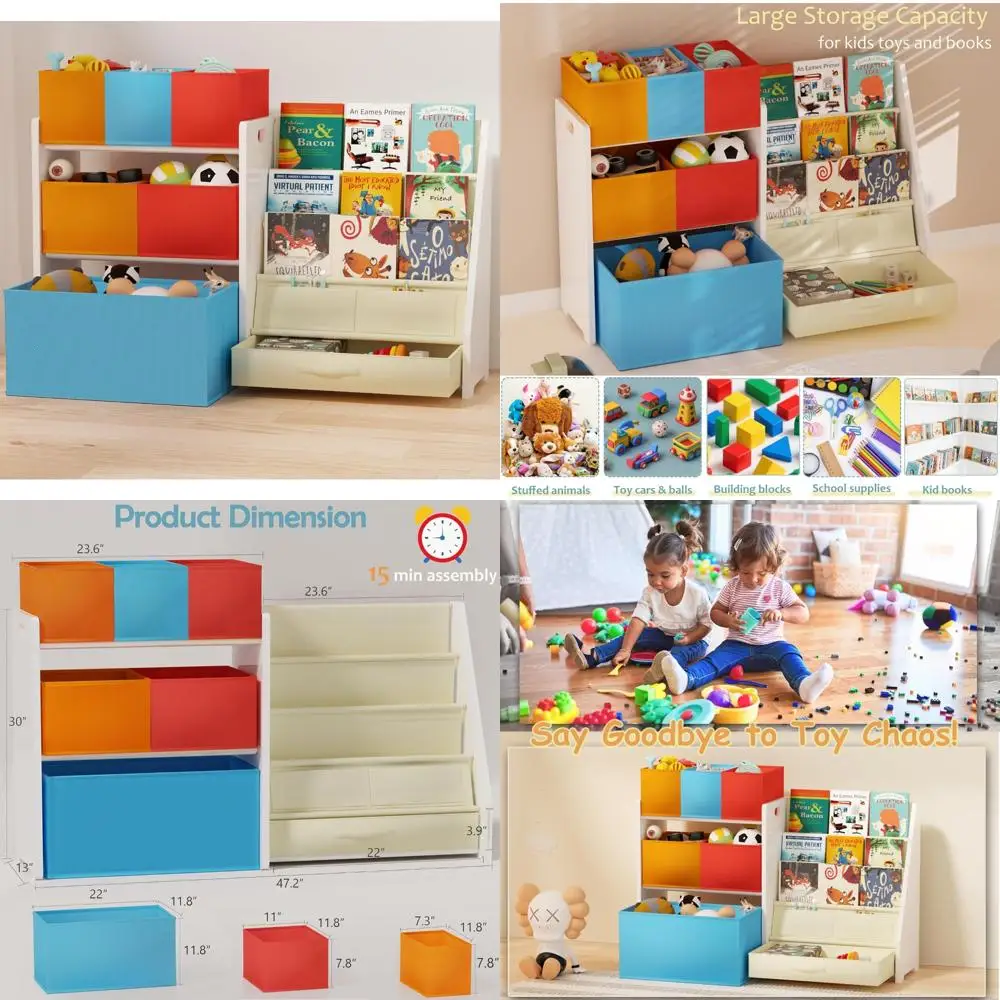 منظم تخزين ألعاب خشبي ذو سعة كبيرة مع 6 صناديق قابلة للطي ورف كتب من 3 طبقات للأطفال
