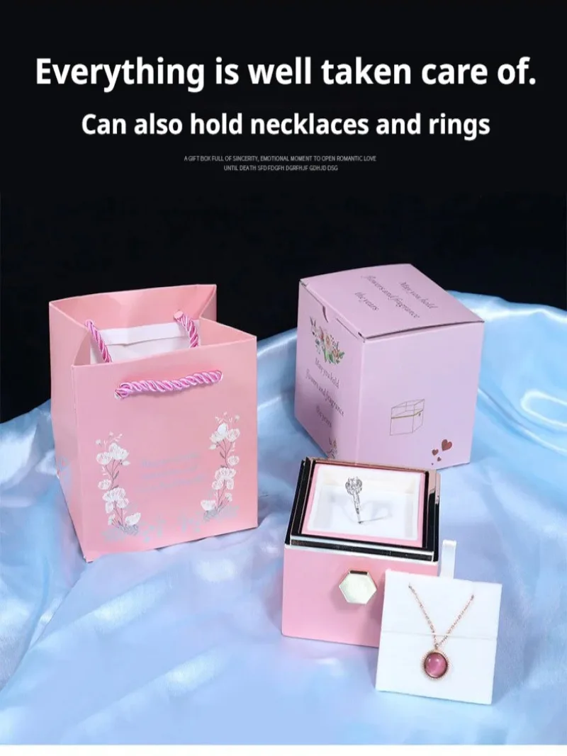 Personalized Romantic Flip Immortal Flower Rotating Jewelry Box Fashion Proposal Confession Ring Rose Box Jewelry Packaging