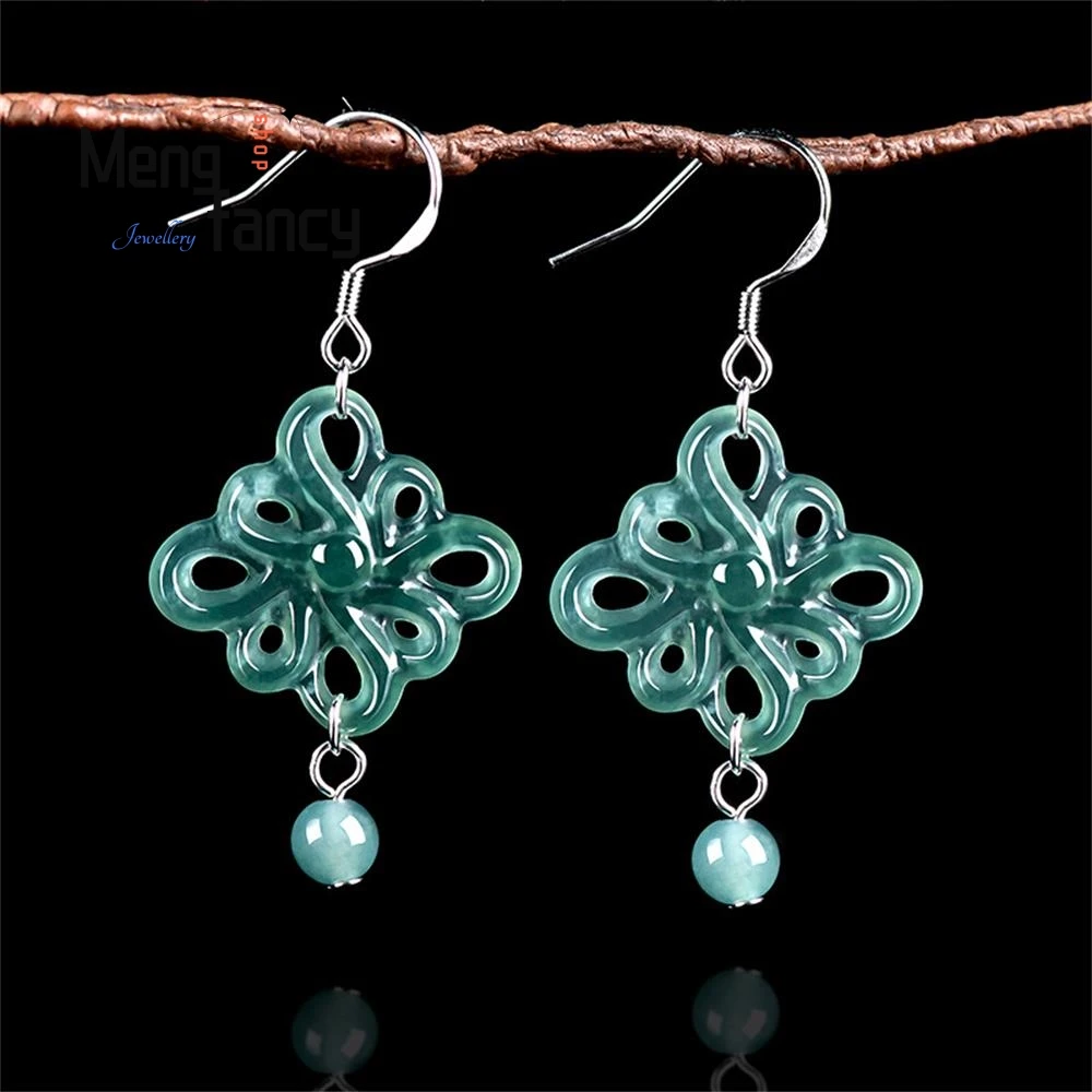 

Natural Jadeite Blue Water China Knot Ice Jade Earrings S925 Silver Inlaid Retro Style Exquisite High-grade Fashion Fine Jewelry