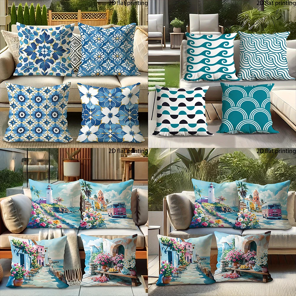 4 PCS Outdoor pillow cover  Coastal Boho Outdoor Throw Pillow Covers , Very suitable for decorating balconies and courtyards.