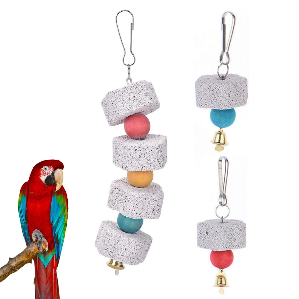 2Pcs Parrot Hanging Chewing Toy Parrots Minerals Stone Molar Beak Trimmer Calcium Stone With Bell For Cockatiel African Grey