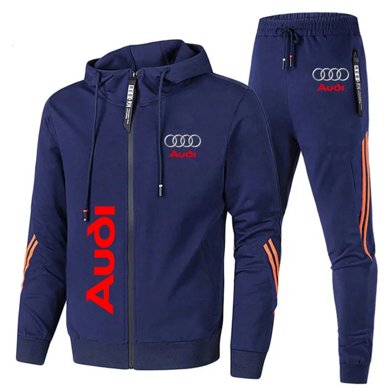 Audi Tracksuit For Men Audi Logo Print Zipper Sweatshirt+Pants 2 Piece Suit Fitness Running Sets Audi Men Clothing Sportswear