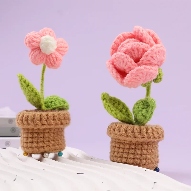 6pcs Crochet Potted Flower Kit Potted Plants Hand-Knit Rose Sunflower Tulip DIY Handmade Knitting Material Tool Table Decoration