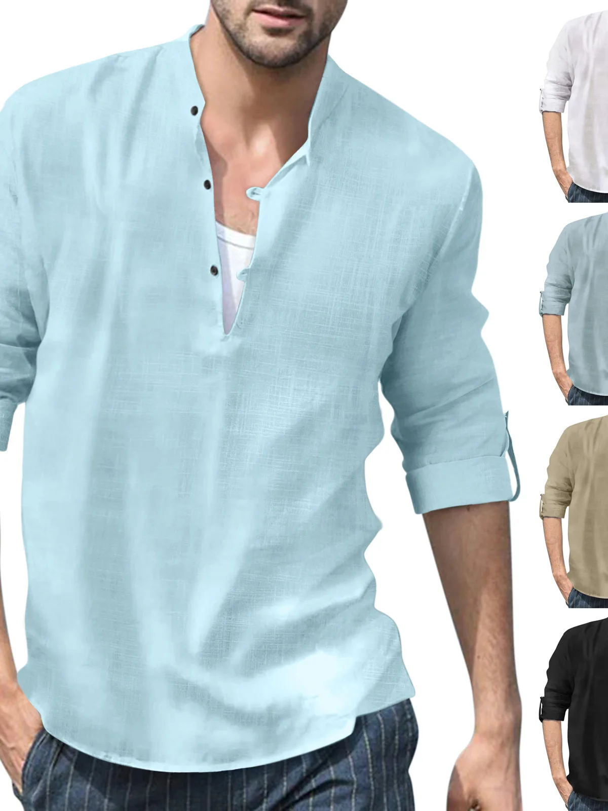

Casual Henry Sle Long Sve Stand Collar Beach irt Men's Loose Fit Polyester Autumn Season Faionable New Arrival