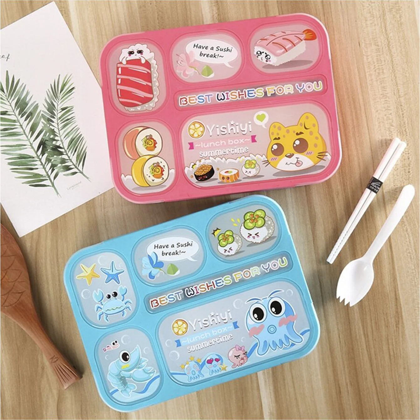 Portable Leak-Proof Wooden Lunch Box With Tableware Japanese Style Kawaii Bento Box Microwave Safe For School Class Camping Meal