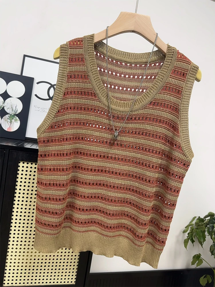 

High Quality Striped Hollowed Out Camisole Vest Knitted Vest for Women in Summer, Thin and Loose Fitting for Women's Outerwear