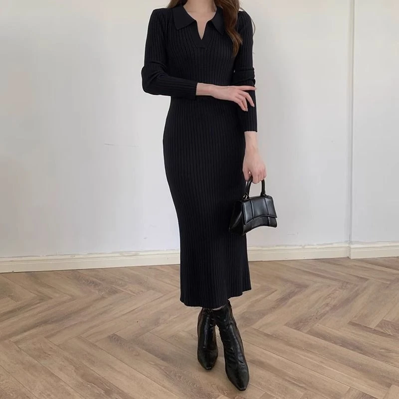 Women Vintage French Style Knitted Collar Long Dress Fall Winter Slim Fit Bodycon Sweater Maxi Dress Elegant