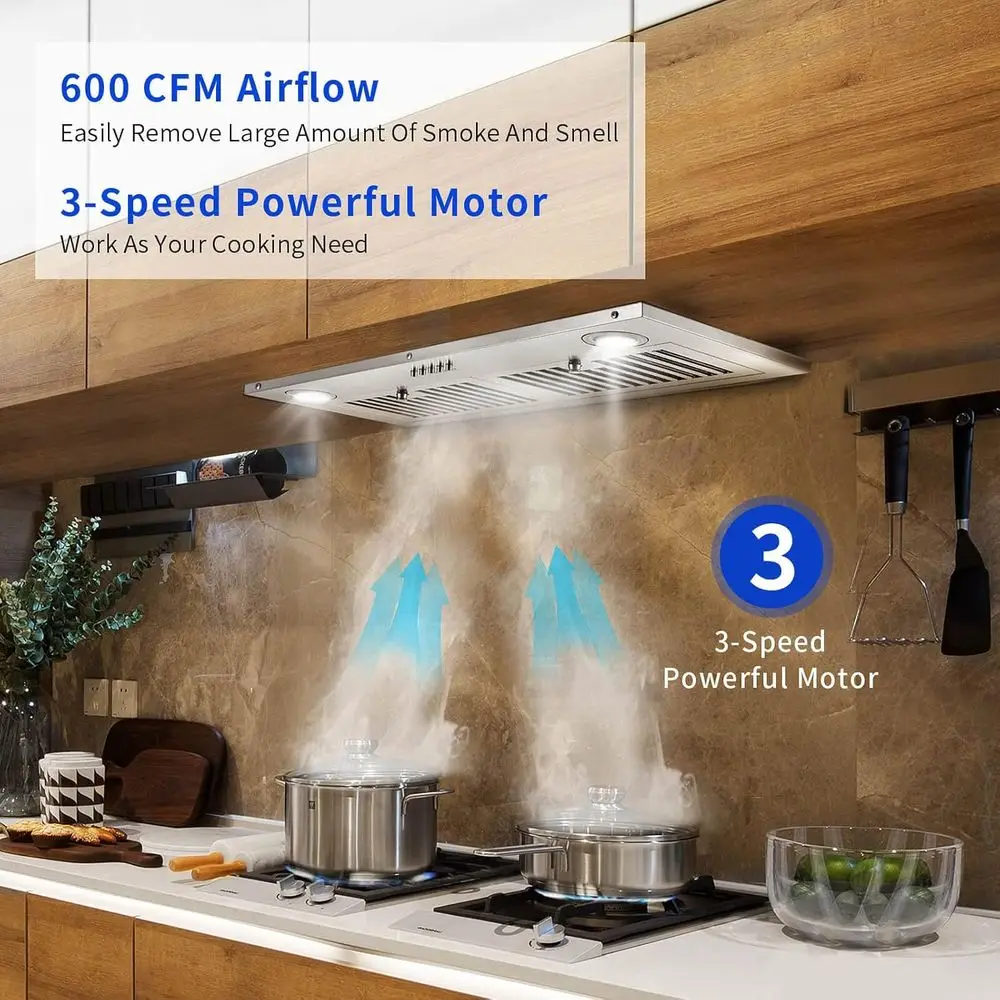 Okap kuchenny ze stali nierdzewnej 30 cali, 600 CFM, wbudowany okap z przyciskami na przód i oświetleniem LED, filtry przegrodowe.