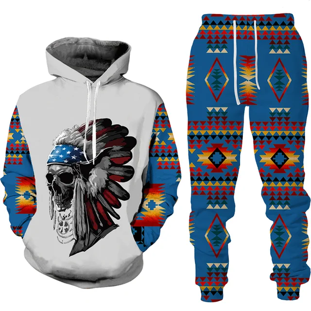 Men’s Hoodies Set Indian Style 3D Printed Man Tracksuit Sets Casual  Hoodie+Pants 2pcs Sets Oversized Autumn Retro Sweatshirt