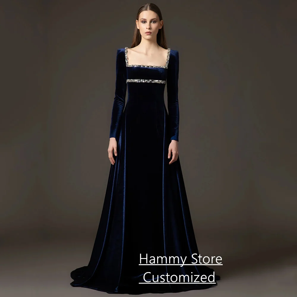 فستان سهرة بحري عربي مخصص بأكمام طويلة ورقبة مربعة فضية وحجر كريستال سويب تراين فستان حفلة عربية سعودية #1