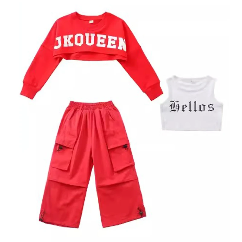 K-pop-Vêtements de danse jazz pour filles, manches longues, pantalon cargo rouge noir, costume hip hop pour enfants, vêtements de performance, BL11458