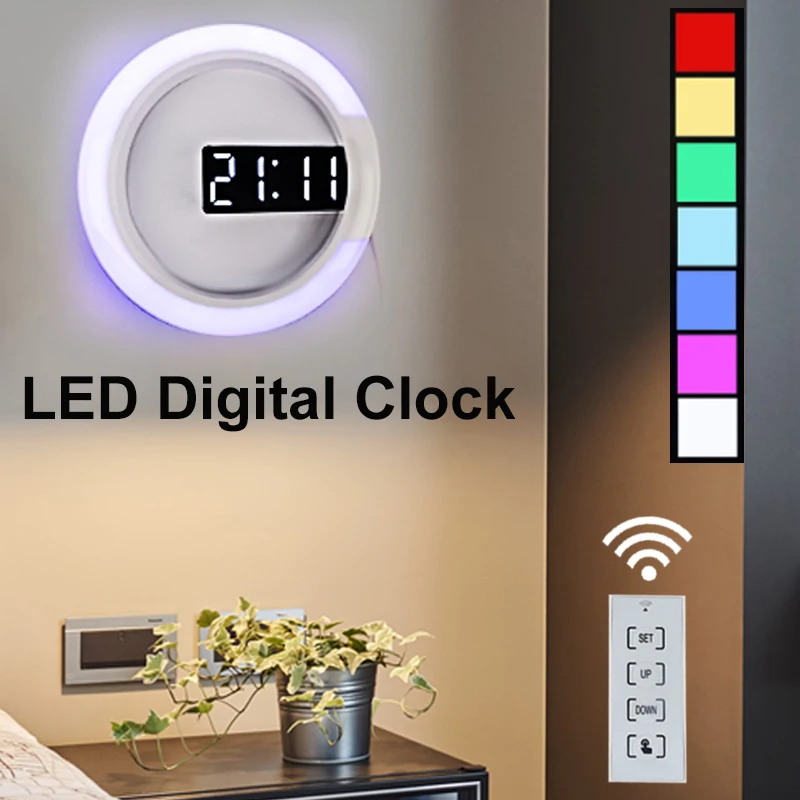 3D LED Mirror Hollow Wall Clock Modern Thermometer Remote Control Alarm Clock Can Switch 7 Colors Clock For Home Living Room
