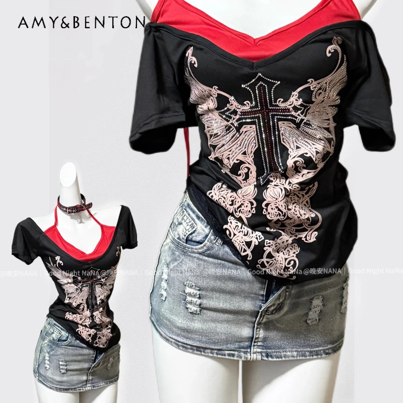 

Punk Hot Girl Waist Cinching Fake Two-piece Hanging Neck Women's T-shirt New Sweet Cool Slimming A-line Denim Skirt Set Ladies