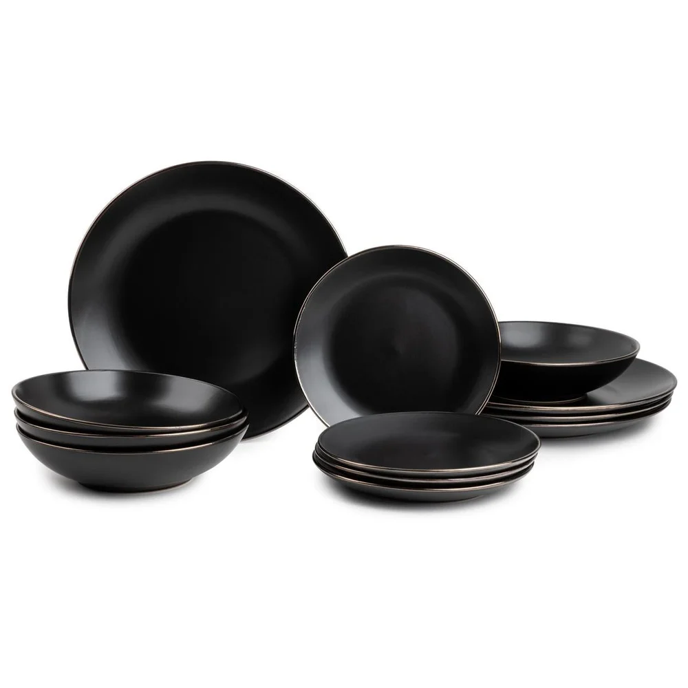 

12 Piece Stoneware Dinnerware Set Stylish Black Onyx Design Dishwasher Microwave Safe Complete Dining Experience Durable High