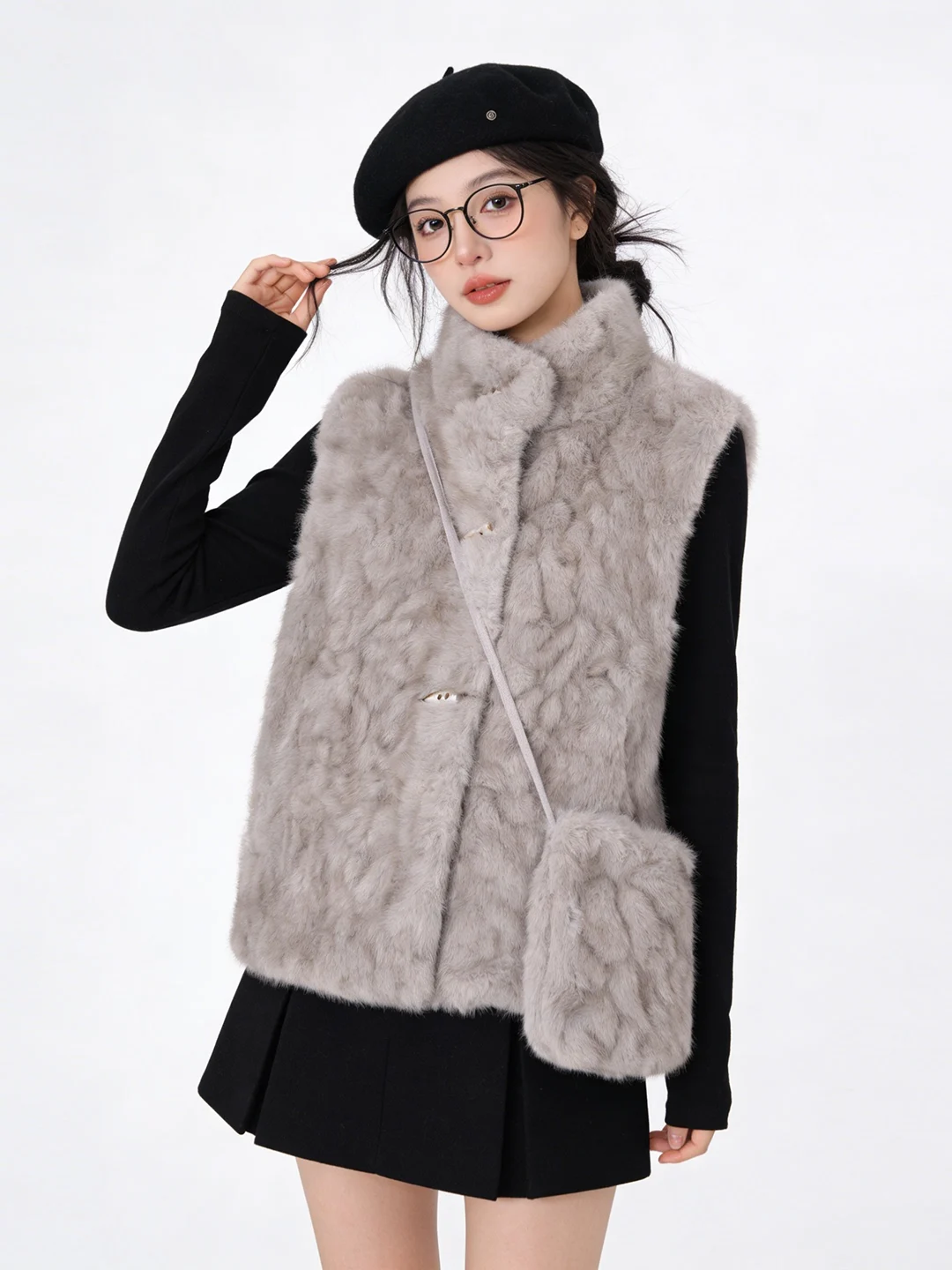 

Korean Sle ort Quilted Fur Vest Soft Cozy Stand Collar Button down Skin And Fur Inteated Women's Spring Outerwear