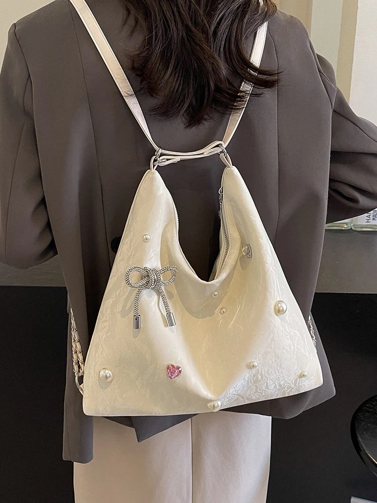 Bolso de hombro doble con lazo de decoración de perlas para mujer, bolso de gran capacidad, bolso cruzado de un solo hombro, bolso de mano de comunicación con cremallera, nuevo