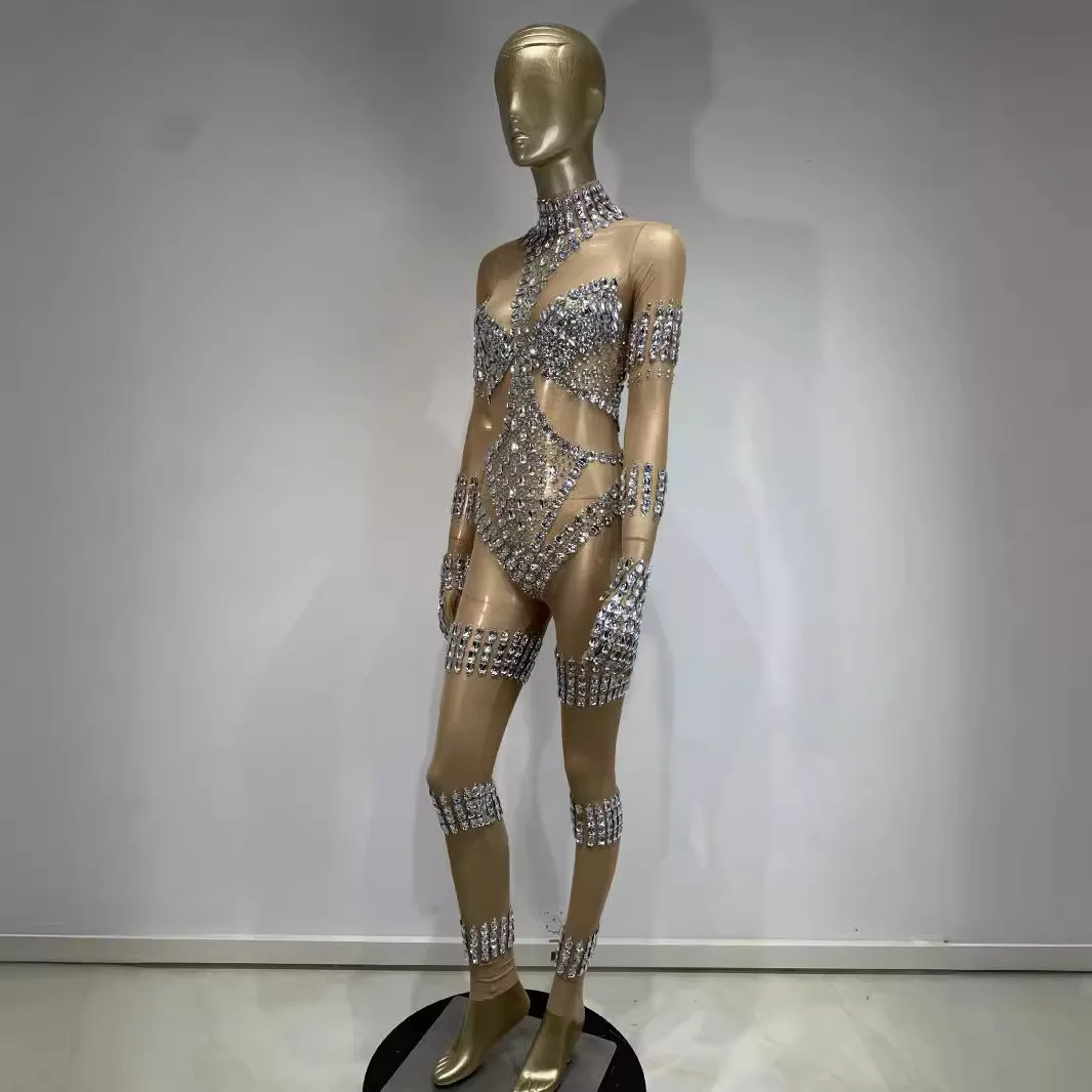 STOCK Sexy Mesh Rhinestone Jumpsuit Female Singer Performance Outfit Bar Nightclub Gig Costume See-Through Luxury Evening Gowns