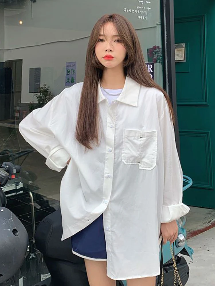 2024 Autumn Office Lady Long Sleeve Women White Work Shirt Blouse Korea Style Button Up Loose Shirts Pocket Female Clothing