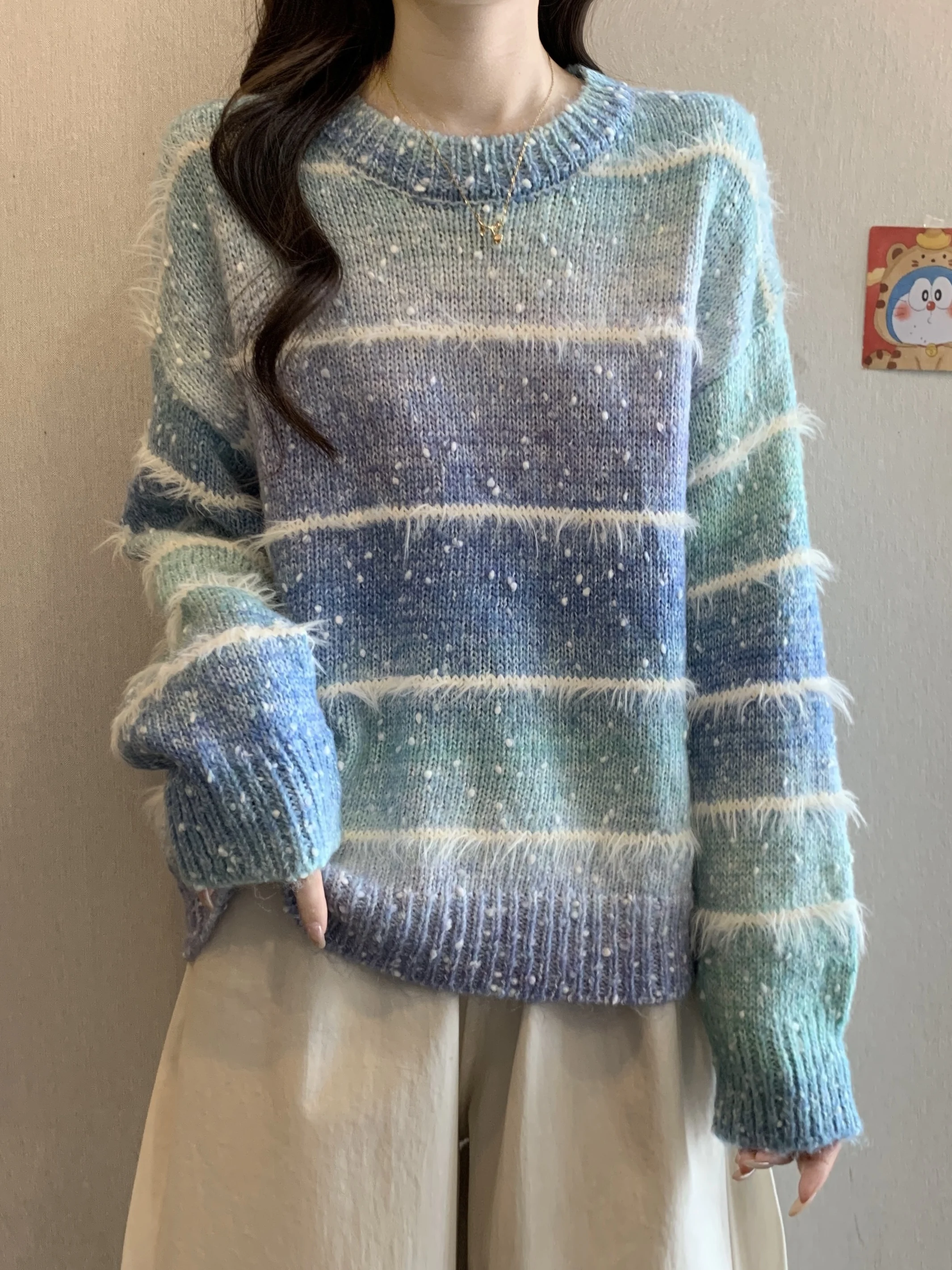 

Осень-зима, свитер из морской шерсти в полоску, женский утягивающий мягкий уютный вязаный топ больших размеров, корейский длинный све