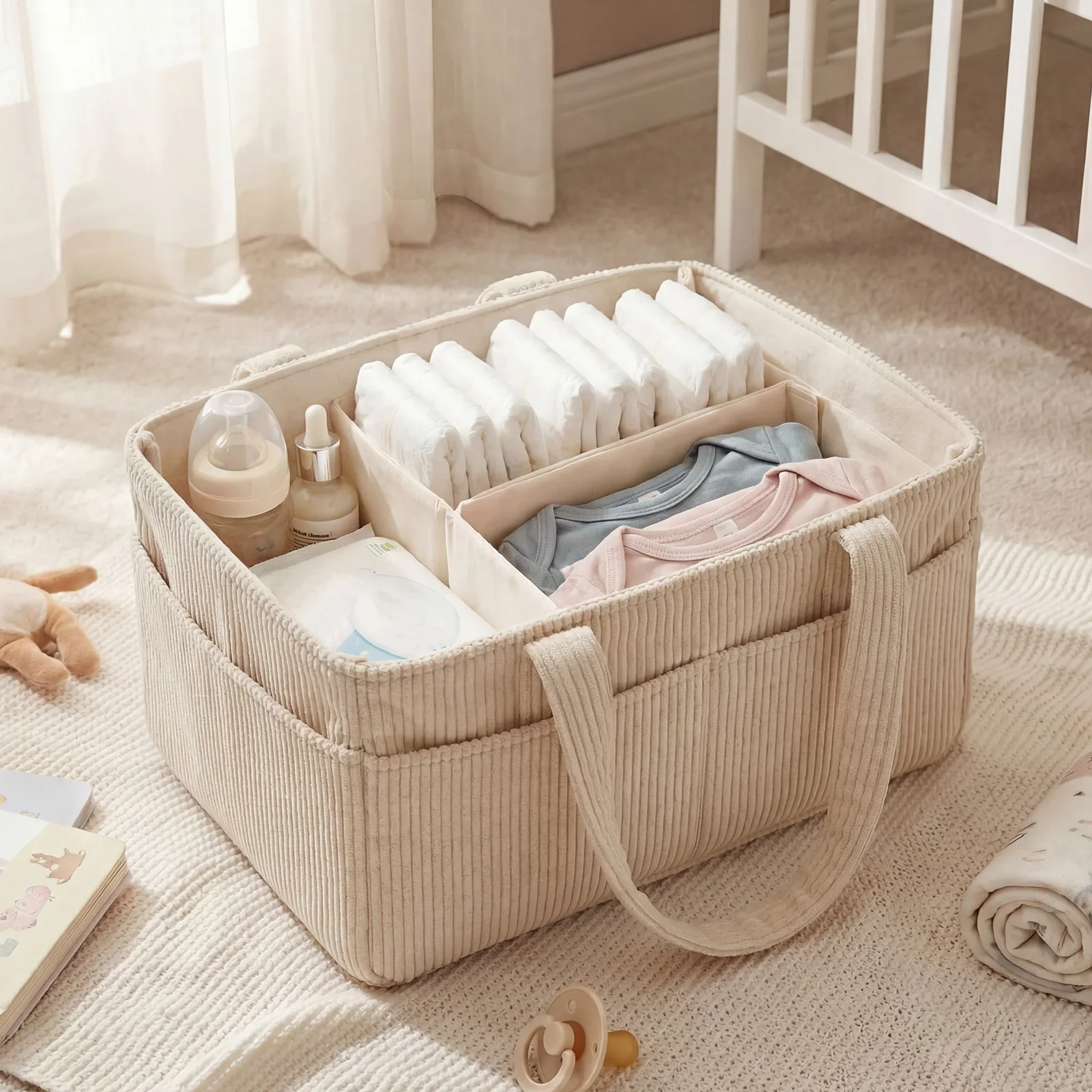 2Pcs Baby Diaper Caddy Organizer Corduroy Diaper Storage Basket with Handle Multifunctional Baby Products Organizer Basket