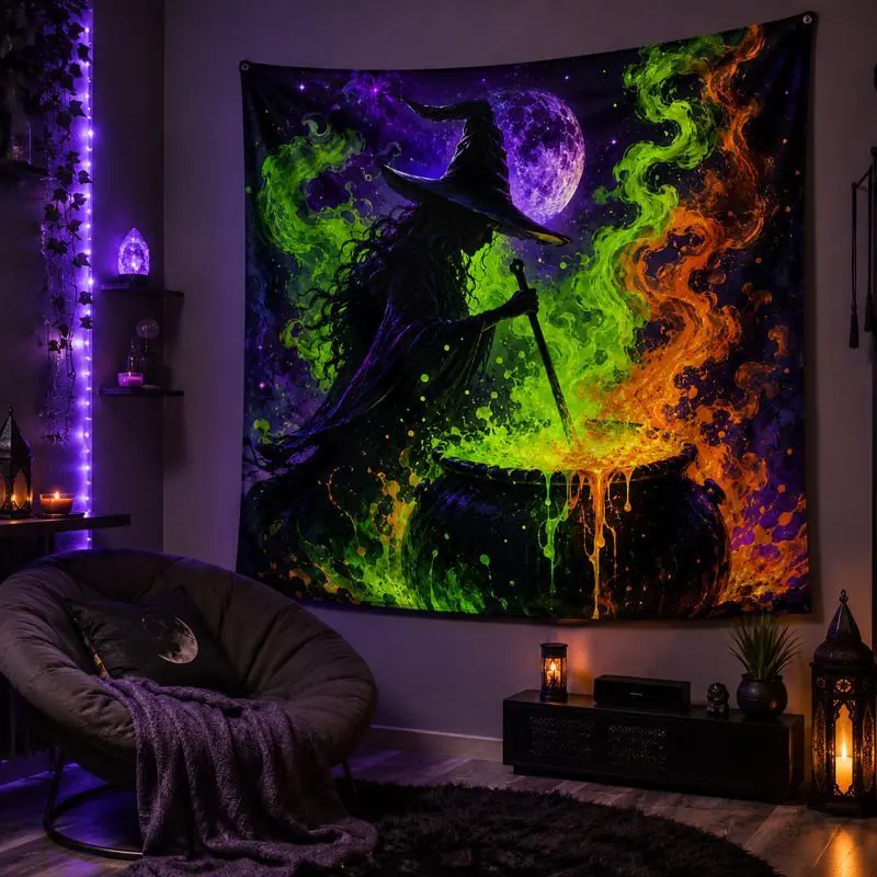 VIKAMA Witch Stirring Cauldron Tapestry Wall Hanging Green Purple Moon Gothic Fantasy Aesthetic Wall Art Bedroom Dorm Decor