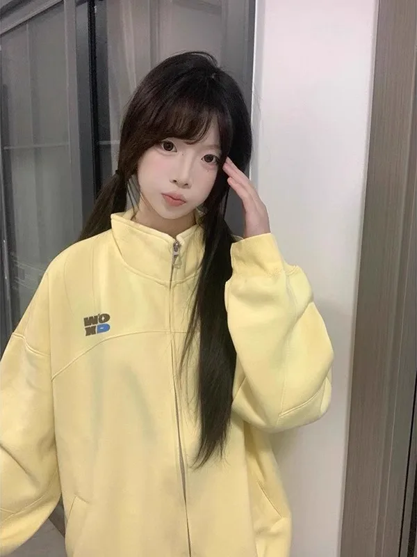 

Весна 2026: Женская повседневная толстовка-кардиган свободного кроя желтого цвета на молнии в корейском стиле, универсальная верхняя одежда для ленивого образа
