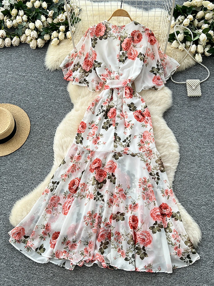 French Vacation Dress Women's Summer New Collection with A Waist Cinched, Irregular Ruffled Edges Floral Chiffon Long Dress Y19