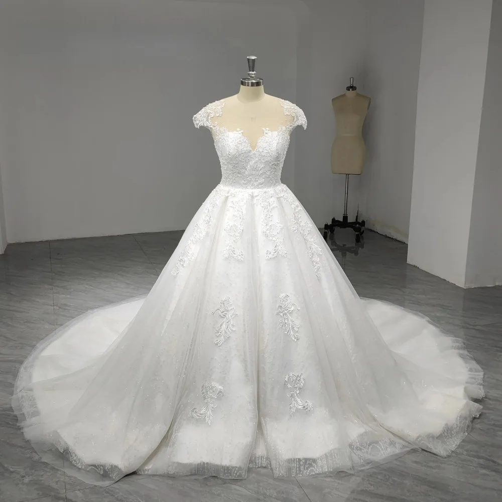 Customized Lace Short Sleeved Applique Wedding Dresses 2026 with Backless V-neck and Large Tail Elegant Bride Suitable for Beach