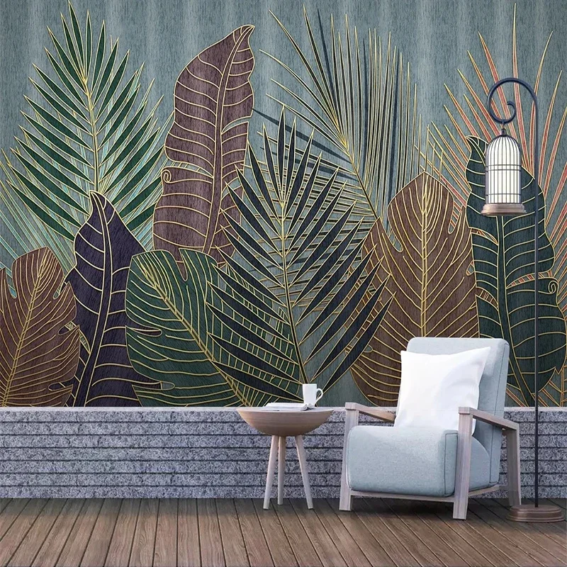 

Custom 3D Wall Mural Luxury Tropical Plant Leaves Golden Embossed Lines Bedroom Background Papel De Parede Fresco Home Décor Art