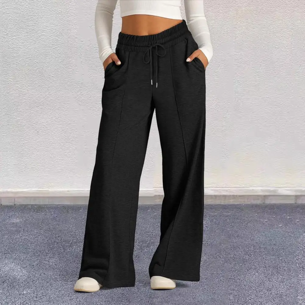 High Waisted Trousers Comfortable Women's Wide Leg Sweatpants with Elastic Drawstring Waist Pockets for Sport Lounge Wear Solid