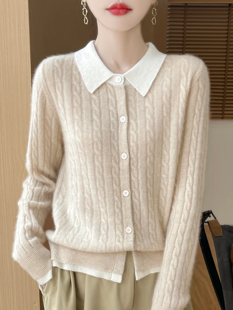 Daily Autumn Winter Sweater Women Cardigan 100% Merino Wool Sweater Cashmere Clothes Twist Flower Lapel Fake Two Pieces Knitwear