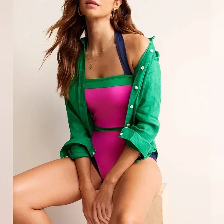 Color Block One Piece  Swimwear Women  Vacation Beachwear Luxury Bathing Suit Sexy Bikini