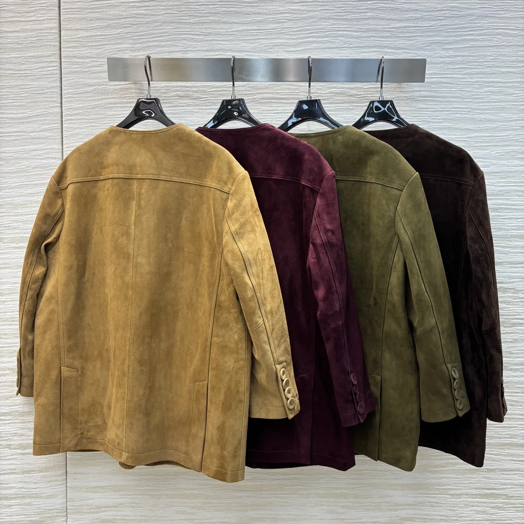 2024 High-quality Cashmere Suede Crew Neck Jacket Temperament Sweet and Cool Style Loose and Thin Medium and Long Cardigan Top