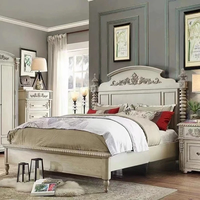 Simple White Vintage Distressed Double Bed Princess Bed  Country Oak Carved Fashion Bed