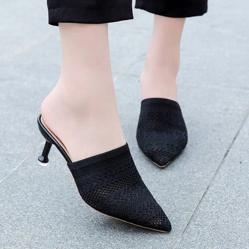 Knit Mesh Breathable Slippers High Heels Mules Women 2022Summer Shoes  Pointed Toe Party Ladies Shoes Pantuflas De Mujer Zapatos