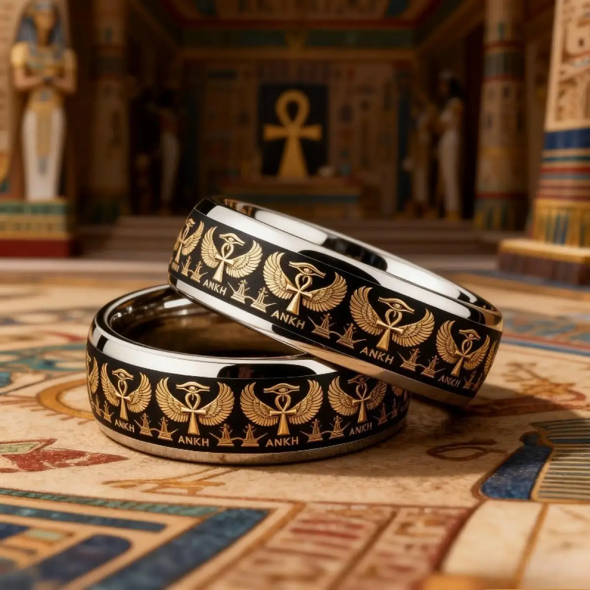Vintage Stainless Steel Ankh Cross Ring Ancient Egyptian Eye of Horus Ra Ring Egypt Symbol Rings for Men Women Amulet Jewelry