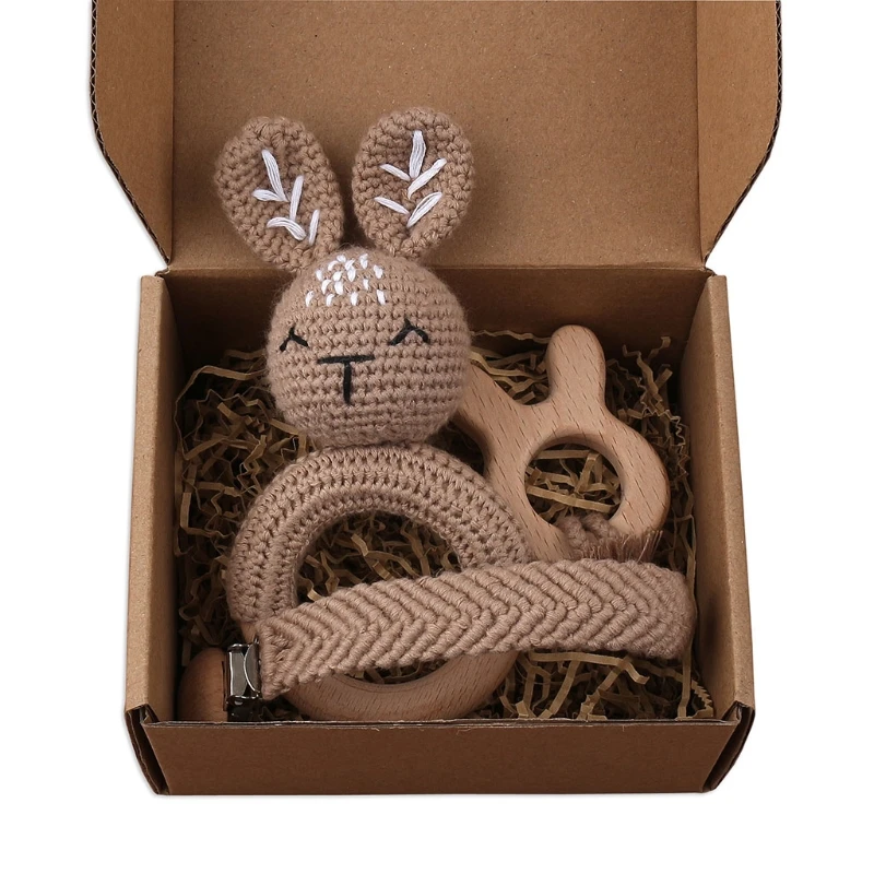 

3pcs Crochet Bunny Rattle Toy BPA Free Wood Ring Baby Teether Baby Gym Mobile Rattles Newborn Pacifier Chain