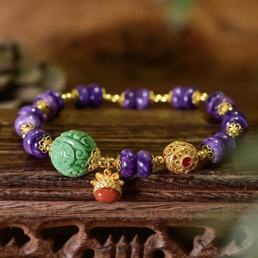 

Браслет из натурального чароита, сухой зеленый резной нефрит Nanhong 925, позолоченный Lucky Cat, ювелирные изделия из китайского драгоценного камня, подарок