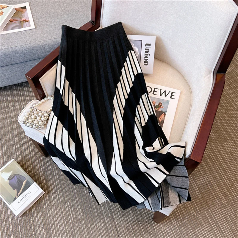 여성용 하프 길이 스커트 2025 봄 가을 신상 플리츠 컬러 블록 니트 플리츠 스커트 하이 웨이스트 미디 길이 스커트