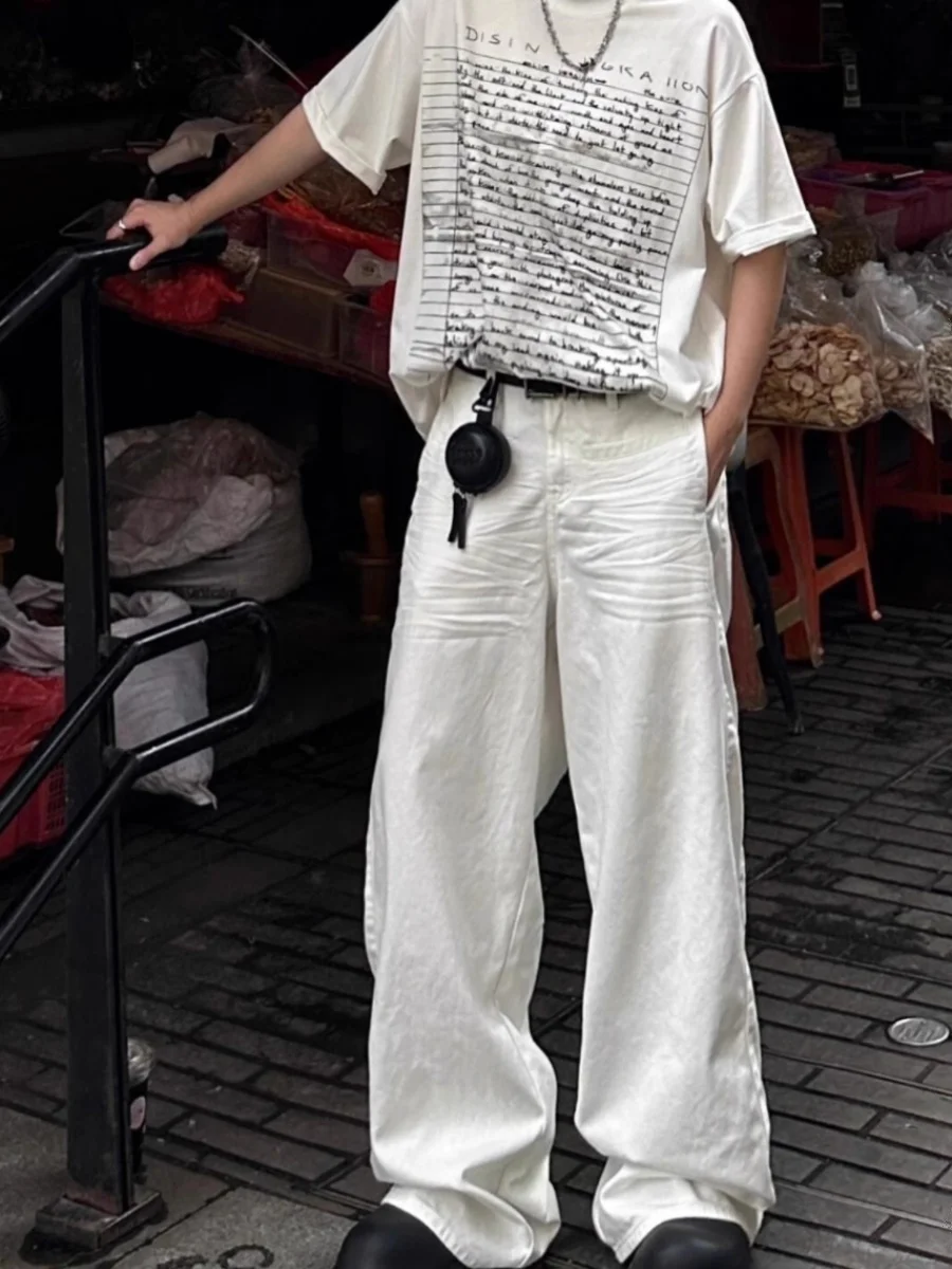 

American Sle Thiened White Straight Leg Wide Leg Jeans Autumn Winter Men's New Faion Loose Casual Pants