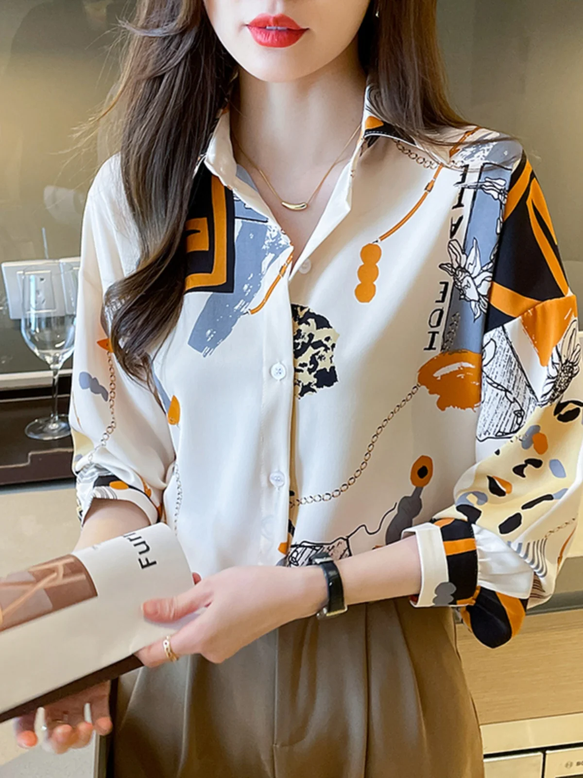 쉬폰 탑 세련된 우아한 여성 버튼 셔츠 턴 다운 칼라 봄 여성 의류 캐주얼 오피스 의류 통근 셔츠