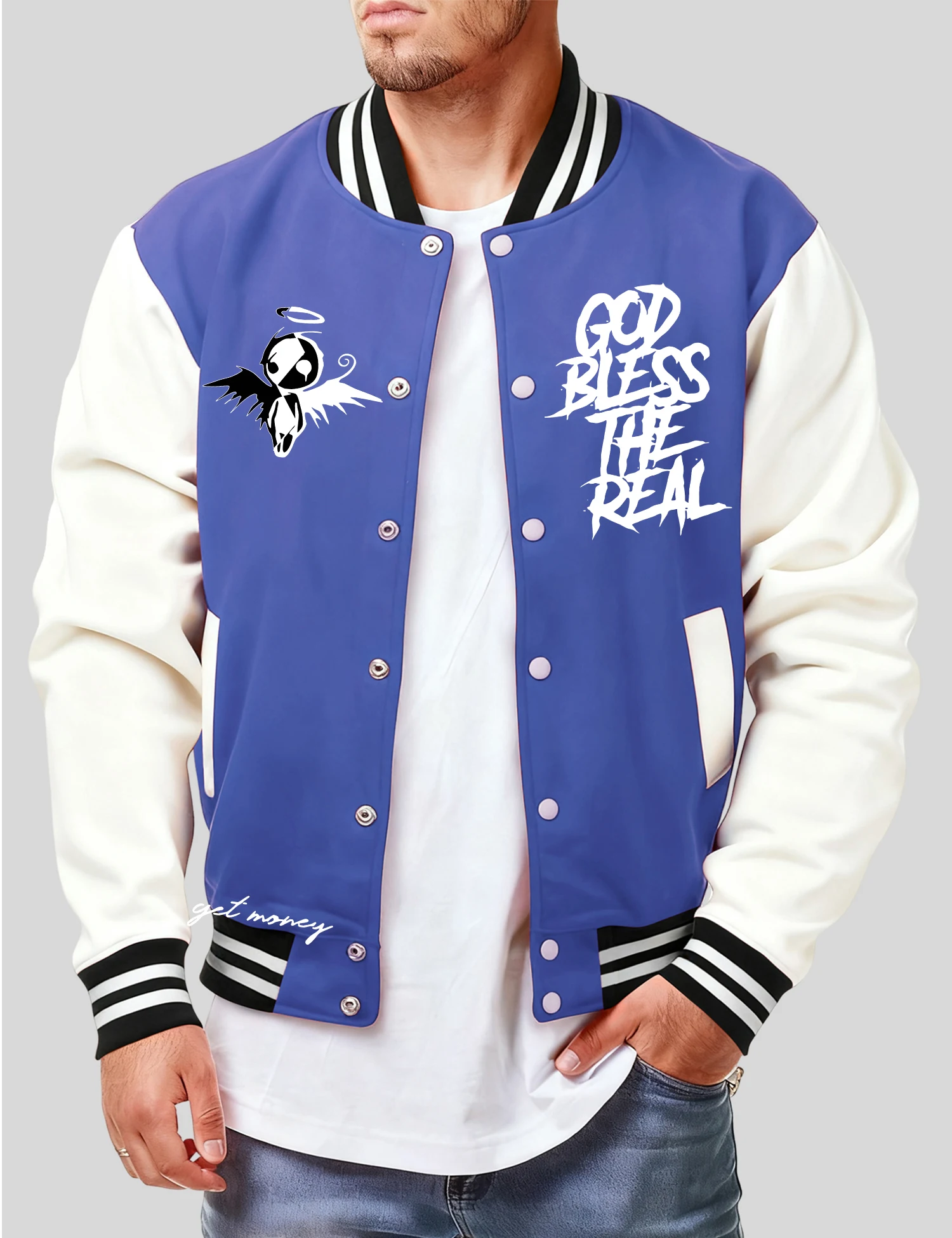 

Бейсбольный трикотаж God Bless The Real с принтом, мужская модная флисовая уличная одежда, повседневный свободный универсальный топ, американские винтажные пальто унисекс