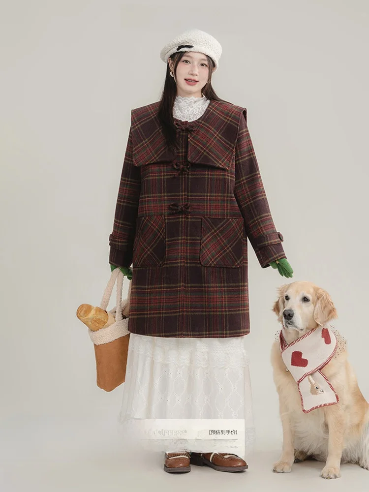 

Женское шерстяное пальто Heynew больших размеров с большим воротником и узором в клетку, зимняя верхняя одежда в британском стиле для полных женщин