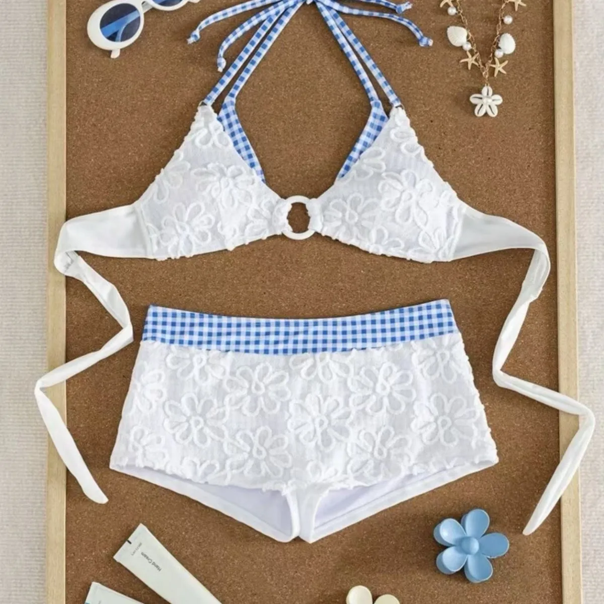 Women Floral Textured Bikini Set Gingham Contrast O-Ring Triangle Top High Waist Boy Short 2 Piece Swimsuit Bathing Suits