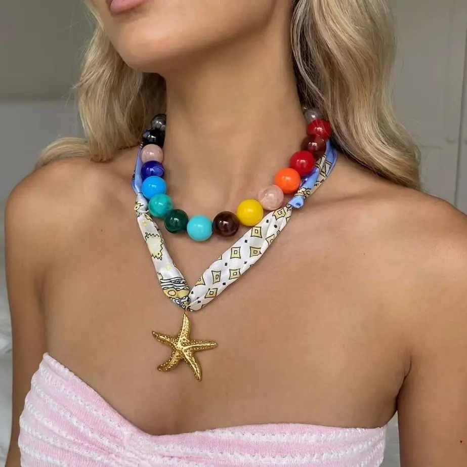 Stainless Steel Colorful Acrylic Bead Star Ribbon Layered Necklace Set Women's Bohemian Y2K Lockbone Chain Party Jewelry Gift