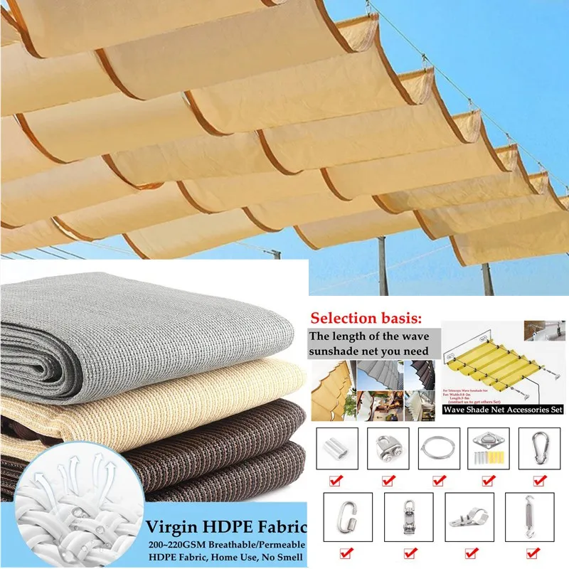 Filet pare-soleil télescopique avec kit d'installation, pergola, balcon, terrasse, piscine, voile rétractable