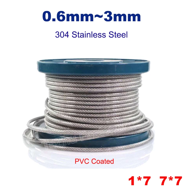 10Metre Steel Wire Rope Cable Clothesline PVC Coated Transparent 304 Stainless Steel Rope Line Soft Dia 0.6~3mm Rustproof Sturdy